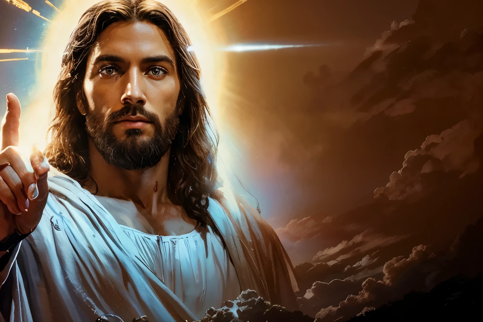 Jesus pointing up with his finger to the sky, Jesus christ, portrait of Jesus christ, Jesus face, Jesus of nazareth, Greg Olsen, Jesus christ in mass effect, O Senhor e Salvador, tron legacy Jesus christ, Jesus, Jovem Deus Todo-Poderoso, gigachad Jesus, imagens religiosas, Obra-prima da luz brilhante, tron legacy Jesus, Segunda vinda, Cristo Redentor