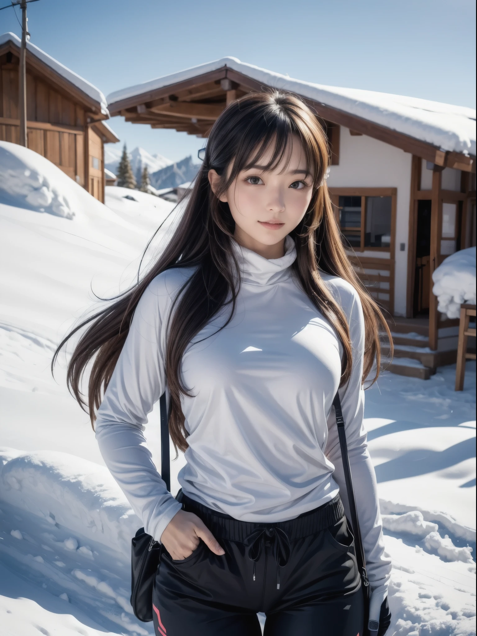 (8K,masutepiece, Raw photo,Best Quality:1.4),(photographrealistic:1.2),(extremely Detailed face),(Shiny skin),(Detailed skin),(Detailed face),(Extremely beautiful face), cute face, 1girl, Looking at Viewer,Japanese idol(actress), brown hair,Medium Hair,Straight hair,asymmetrical bangs,Smile,glamor,Large breasts, Wearing ski wear, ski pants and ski gloves, At the snowy ski resort,High Position,Natural lighting