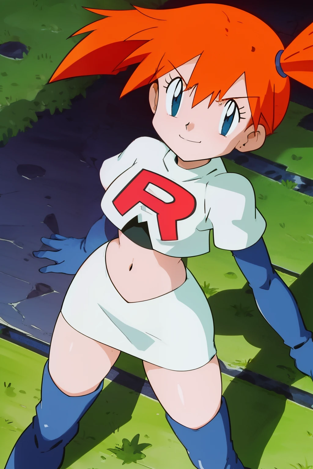 misty (pokemon), 1girl, solo, side ponytail, orange hair, glossy lips ,team rocket uniform, red letter R, white skirt,white crop top,black thigh-high boots, black elbow gloves, evil smile, looking at viewer, cowboy shot, arms crossed, team rocket building in the background