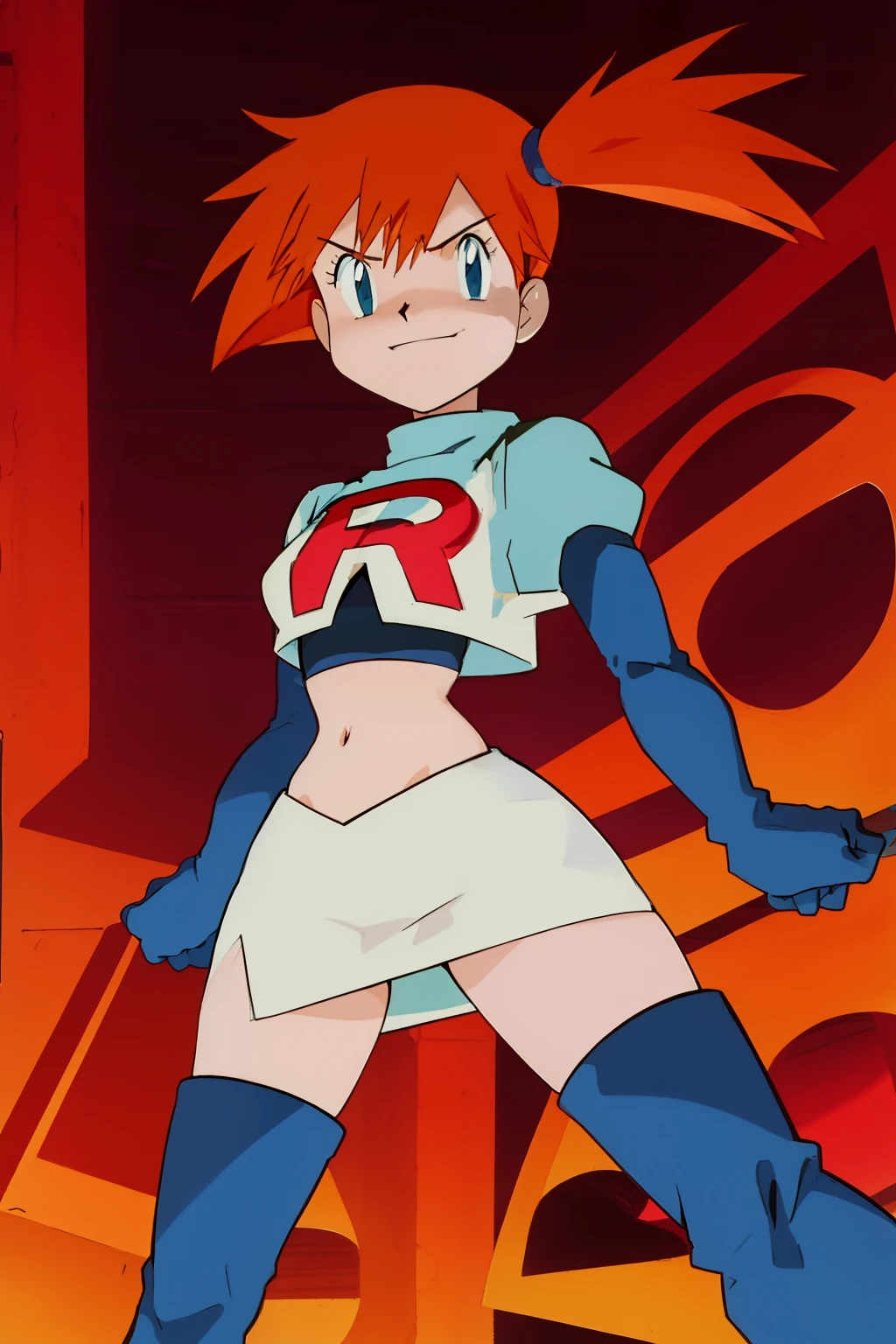 misty (pokemon), 1girl, solo, side ponytail, orange hair, glossy lips ,team rocket uniform, red letter R, white skirt,white crop top,black thigh-high boots, black elbow gloves, evil smile, looking at viewer, cowboy shot, arms crossed, team rocket building in the background