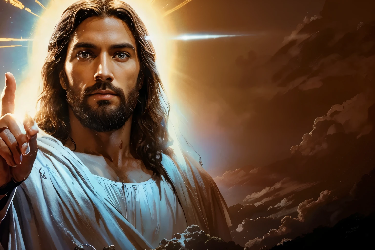 Jesus pointing up with his finger to the sky, Jesus christ, portrait of Jesus christ, Jesus face, Jesus of nazareth, Greg Olsen, Jesus christ in mass effect, O Senhor e Salvador, tron legacy Jesus christ, Jesus, Jovem Deus Todo-Poderoso, gigachad Jesus, imagens religiosas, Obra-prima da luz brilhante, tron legacy Jesus, Segunda vinda, Cristo Redentor