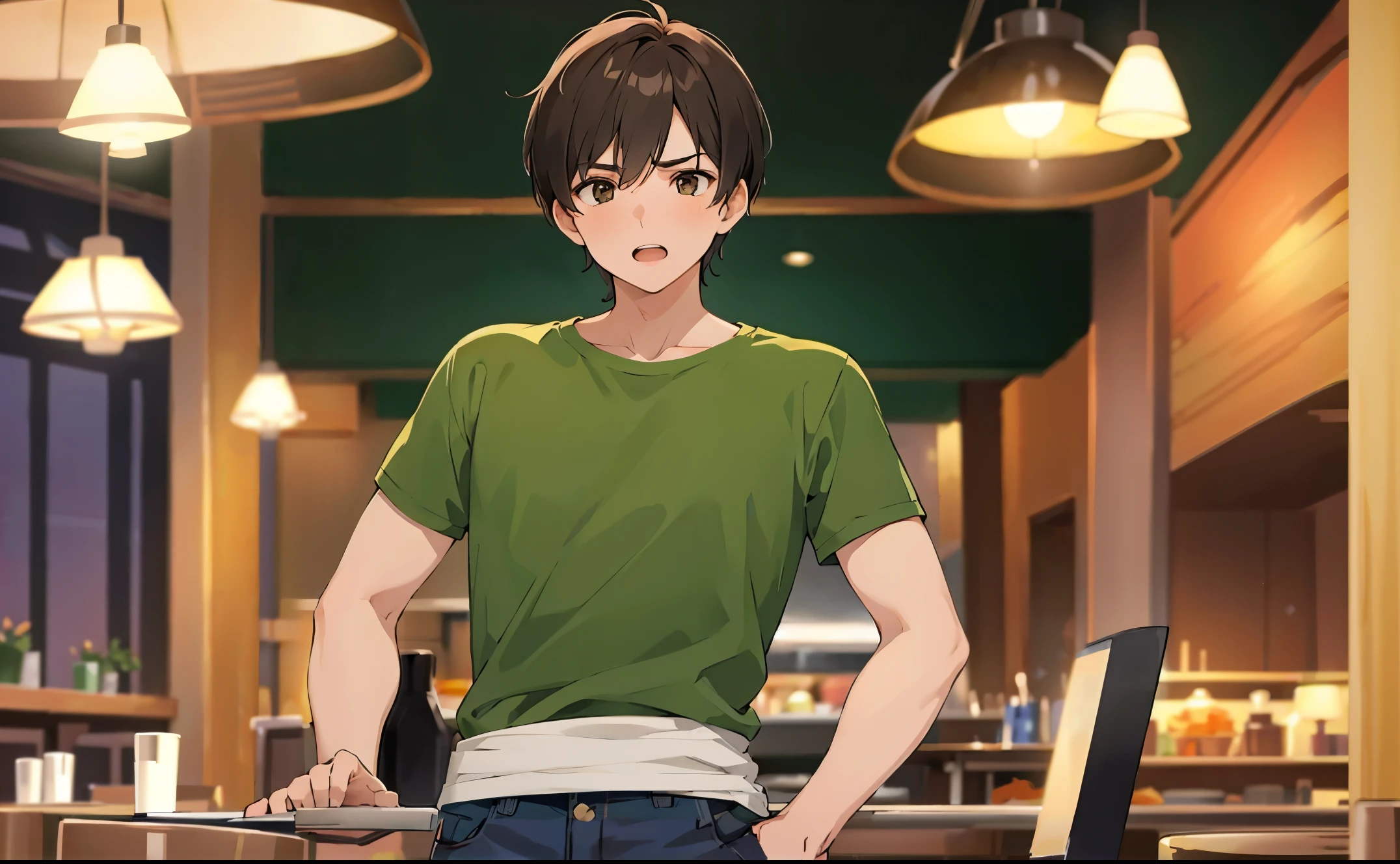 The background is a restaurant、illuminating、ceiling、walls