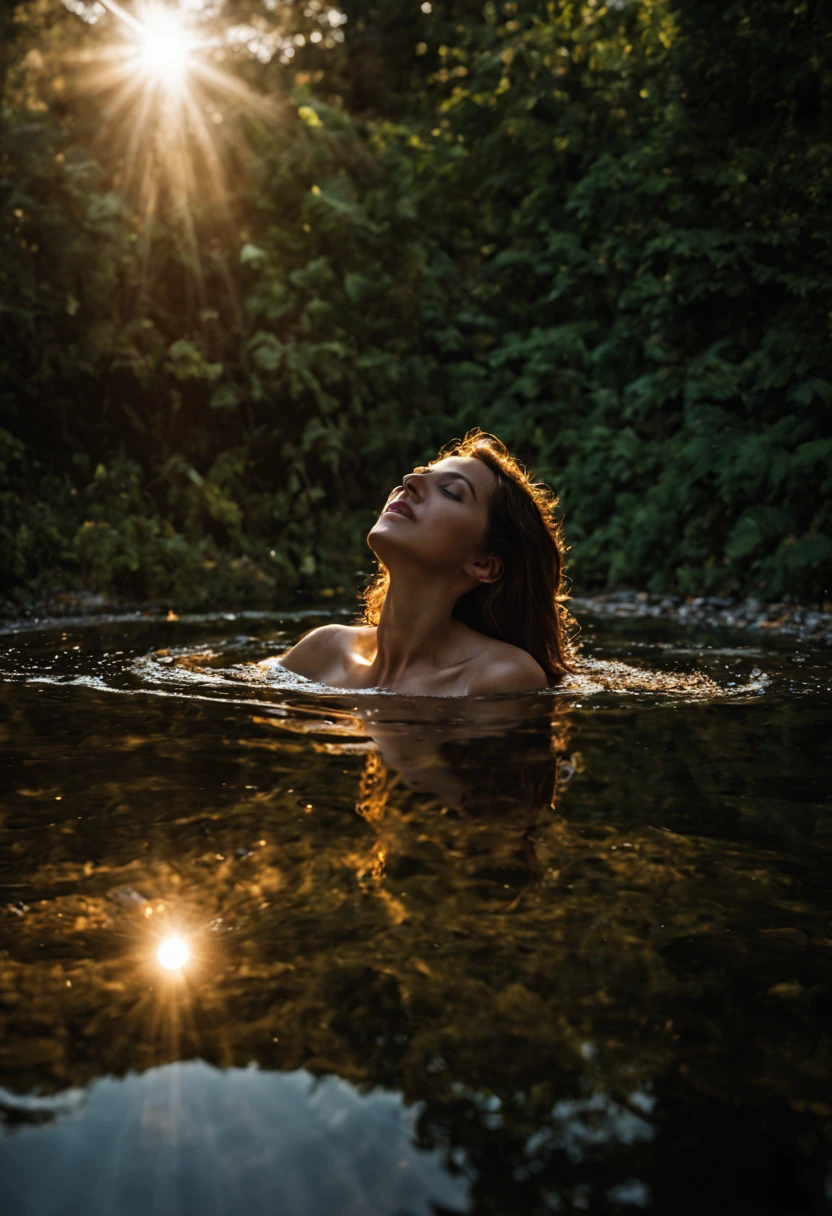 lighting coming from below, dappled reflections, caustics, sun glitter, night, pond, bathing woman