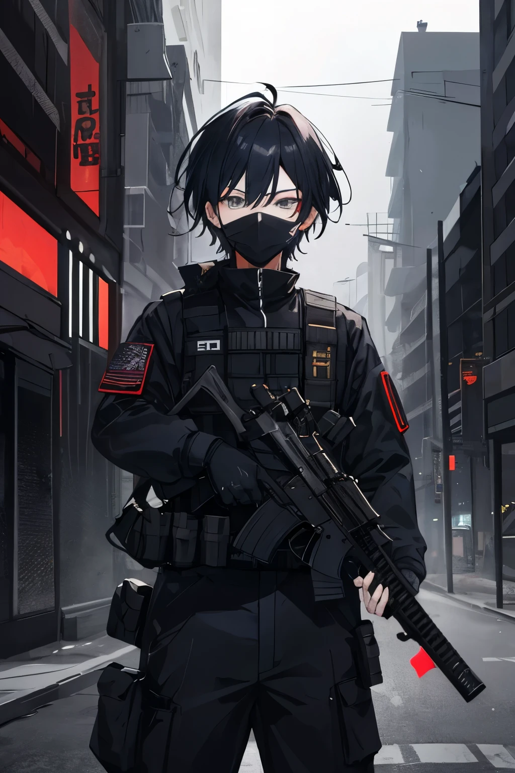 Anime Boy protagonist with black hair wearing red and black tactical military outfit with a nightvision gear and mask in an urban dark background, also has a Katana on his bac and holding an assault rifle
Ninja style,Katana, at night, red night vision goggles
((best quality)), ((masterpiece)), (detailed),