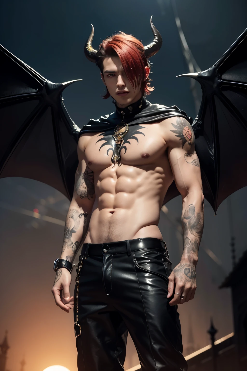 Handsome demon man, 18 years old, 2 horns, dark style, yellow eyes, bare chest, on a night background, tattoos, gothic church background, Demon wings, vampire fangs, full body, Demon tail, , red hair