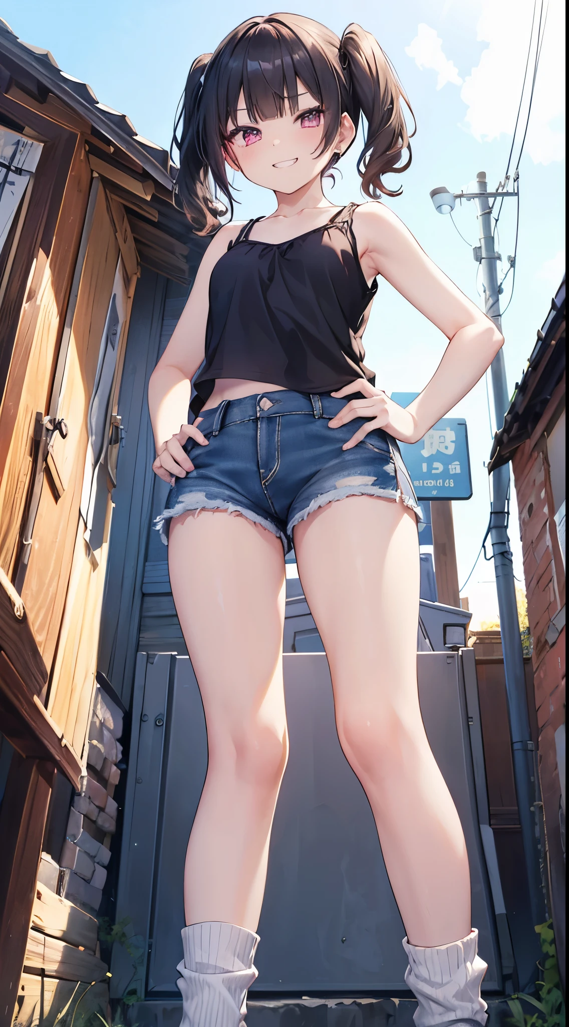(8K、Top image quality、top-quality、masterpiece)、A detailed face、1((Lori))、Dark hair、((twintails))、blunt bangs、short-hair、waved hair、Pink eyes、piercings、(evil smile)、(smirk grin)、Smaller chest、((white tank top camisole)) 、denim short shorts、((stripe thigh-high socks))、cowboy shot、Put your hands on your hips、facing front、((Taken from below:1.5))、Back alley background