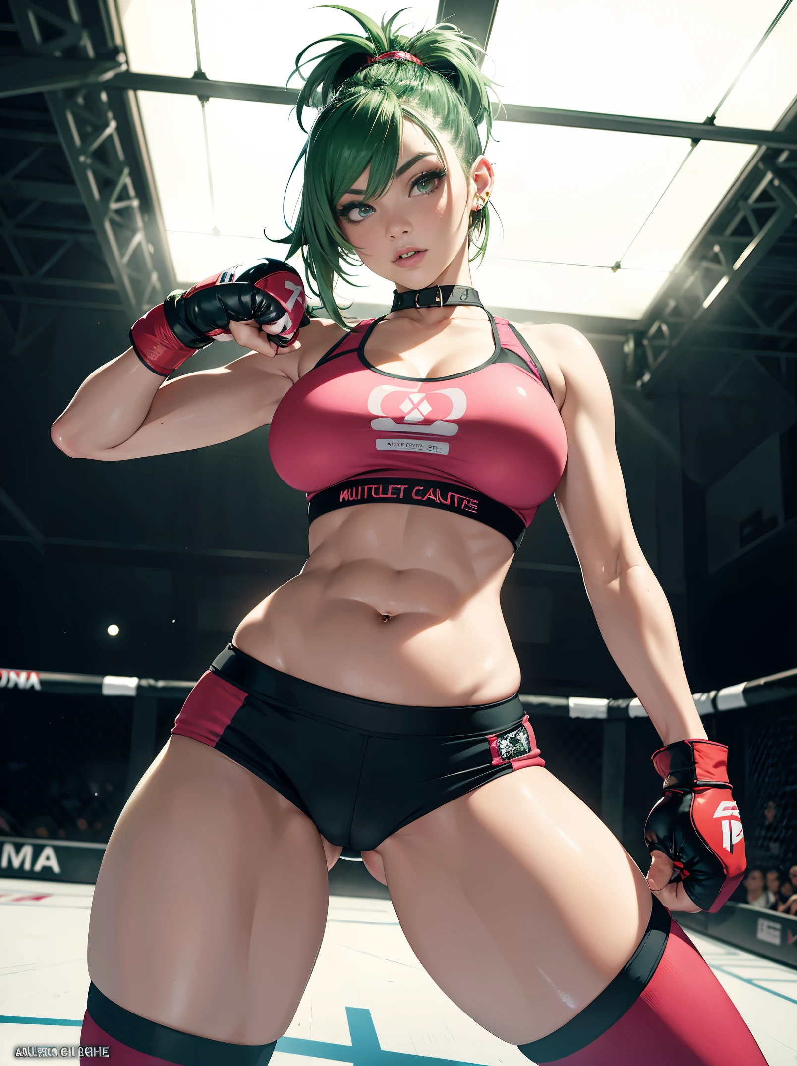 PERFECT MASTERPIECE, EXTREMELY DETAILED CG UNITY 32K UHD QUALITY RESOLUTION WALLPAPER, PHOTOREALISTIC, RAW PHOTO, PERFECT PHOTOGENIC CLARITY, OFFICIAL ART, AWARD-WINNING PORTRAIT, ULTRA HYPER-REALISTIC, ULTRA HYPER-DETAILED, SHINY REALISTIC SKIN, ADVANCED RAY TRACING, CINEMATIC LIGHTING, PERFECT COMPOSITION, The most beautiful and sexy MMA fighter girl, short neon green hair in a shaved mohawk hairstyle, vibrant moonlight eyes, long detailed eyelashes, blushing, full pouting pink, small cut and bruise on her face, curvy body type, full hips, super huge enormously gigantic tits, cleavage showing, gigantic tits bursting out of her outfit, tons of tattoos and piercings, (wearing detailed athletic sports bra athletic shorts and MMA fighting gloves:1.3), arching her back in a sexy seductive slutty pose, looking at the viewer, close up pov camera view from below, sexy seductive slutty facial expression, MMA cage match arena background