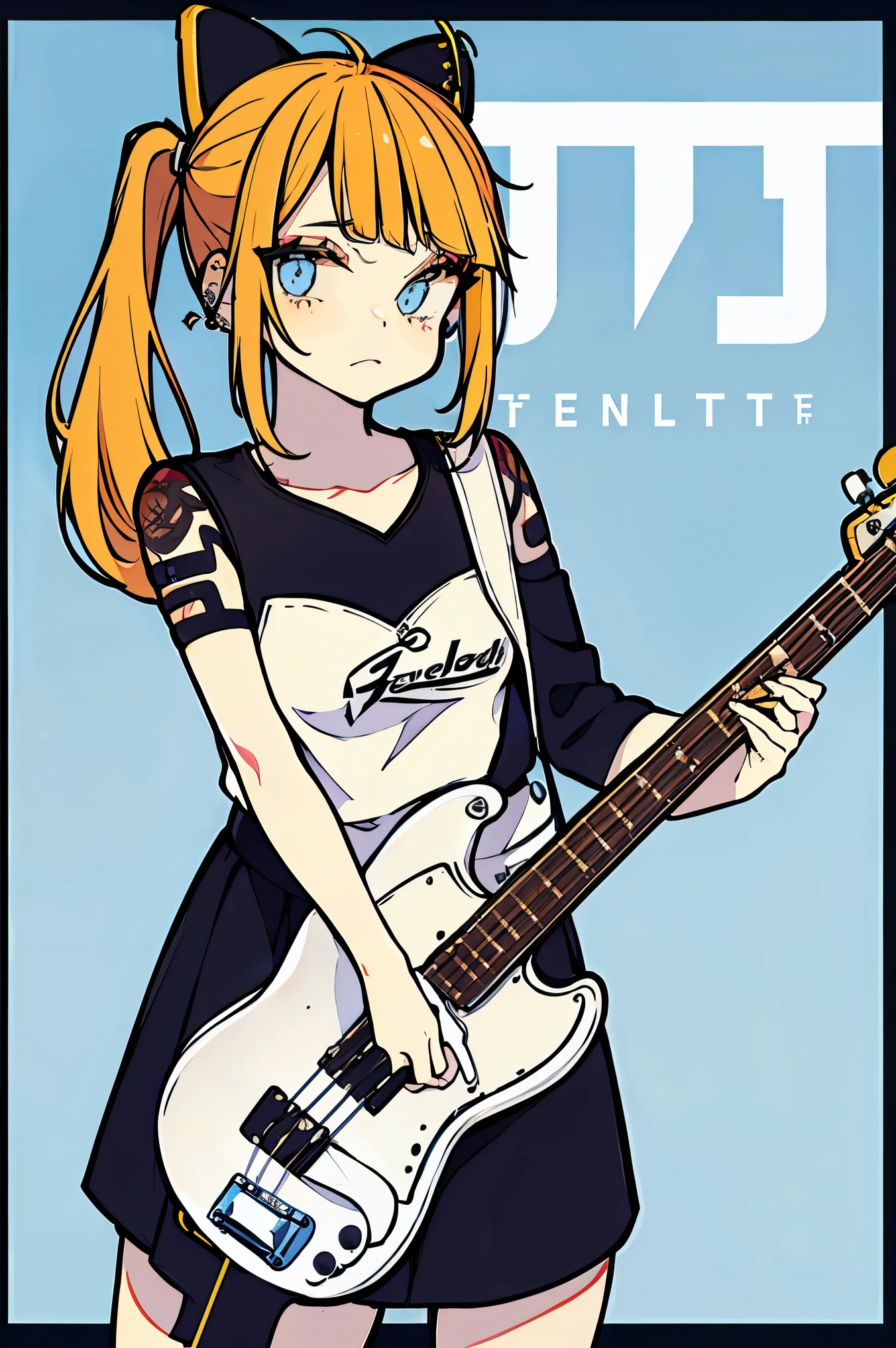 Korea person。16-year-old beautiful girl。femele。Tattoos and piercings。Playing guitar in the city。Street。portlate。white camisole with hot pants。Twin-tailed。、Intricate 4-string bass:1.2、Anatomically correct fingers、((Detailed Fender Precision Base:1.3))、Only one base、