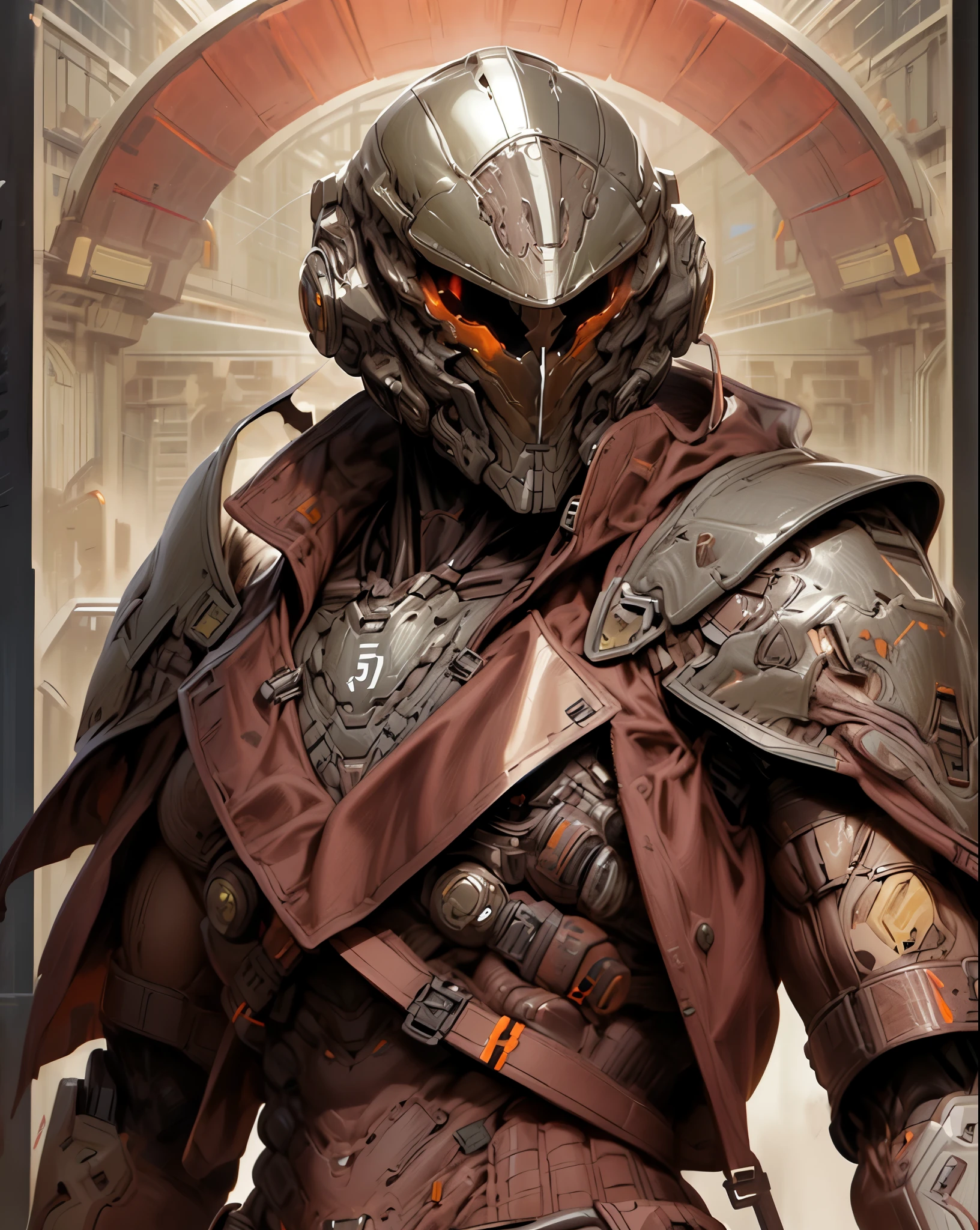 (((An epic and visually stunning digital anime masterpiece featuring a sylphlike masculine ((male:1.5)) decorated military dieselpunk cyborg soldier clad in a sleek yet tactical armored yet decorated leather military trench coat:1.2))), (((flat masculine male chest:1.5, mechanical full head helmet, mecha helmet with narrow orange eyes:1.5))), (((the character adorned in a (scifi tactical armored open front trench coat with a built in exoskeleton:1.5) (over a form fitted armor plated yet super sleek and revealing under suit with waist cut outs:1.3), the armor is beautifully engraved:1.4))), The image showcases the intricacies of the character’s armor and clothing:1.5, ((capturing their flamboyant essence and heavy mecha aesthetic:1.2)). The character also possesses an androgynous charm, (((with slim yet heavily muscled physique:1.2, sylphlike with a sleek waist, toned yet beautifully sleek cybernetic arms:1.3, mechanical arms and legs:1.3, mecha muscles:1.3))), looking at viewer, (((brass metal armor and brown leather, dieselpunk:1.3))), (((depth of field, cinematic lighting, chromatic aberration, ray tracing, UHD, masterpiece, top of head covered, super detail, high details, high quality, award winning, 8k, highres)))
