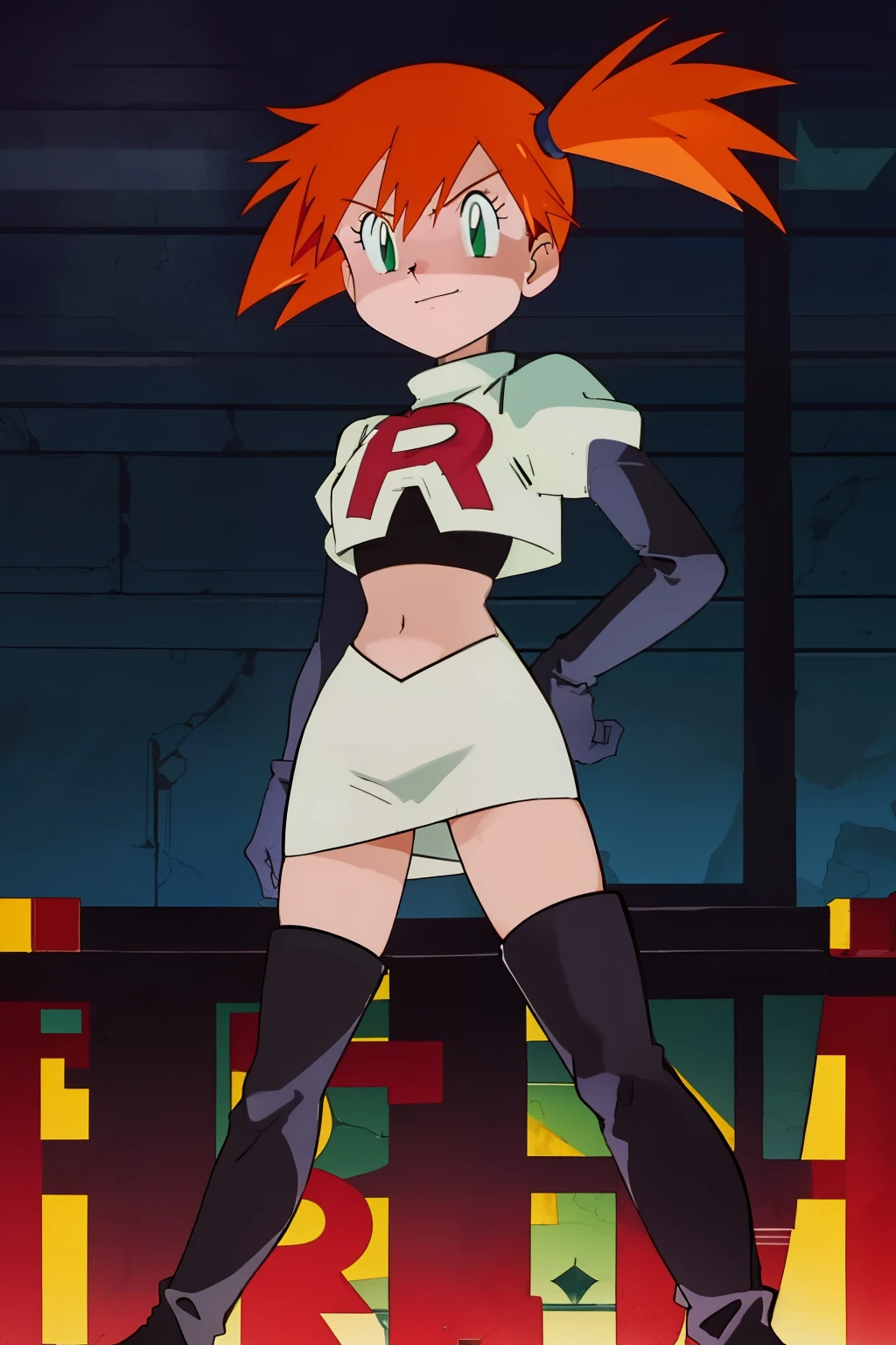 misty (pokemon), green eyes ,1girl, solo, side ponytail, orange hair, glossy lips ,team rocket uniform, red letter R, white skirt,white crop top,black thigh-high boots, black elbow gloves, evil smile, looking at viewer, cowboy shot, arms crossed, team rocket building in the background
