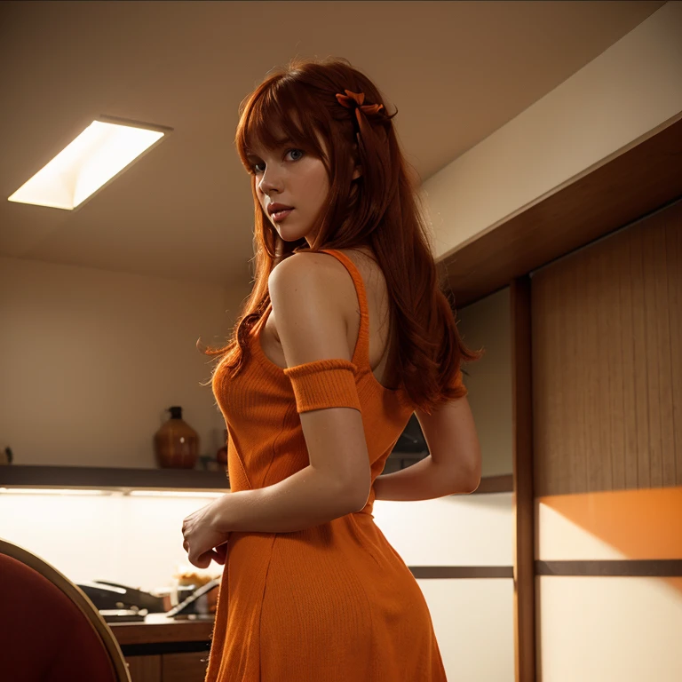 1girl, red hair, long hair, hair ribbon, bangs, orange eyes, parted lips, indoors, upper body, SHORT dress knitted transparent in the backlight,