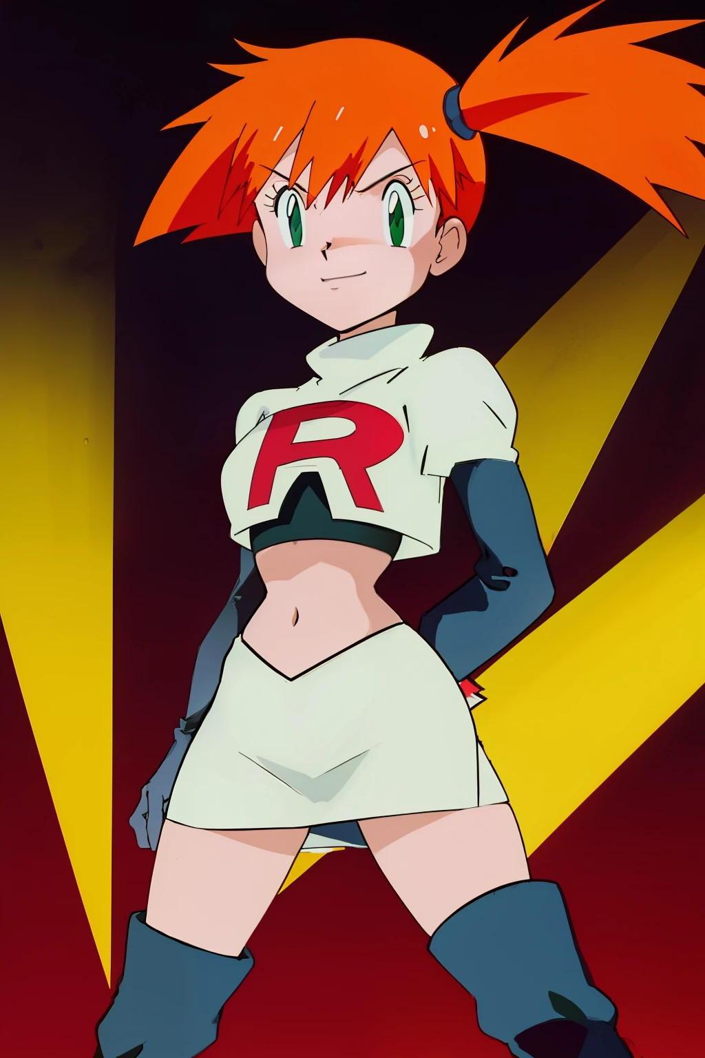 misty (pokemon), green eyes ,1girl, solo, side ponytail, orange hair, glossy lips ,team rocket uniform, red letter R, white skirt,white crop top,black thigh-high boots, black elbow gloves, evil smile, looking at viewer, cowboy shot, arms crossed, team rocket building in the background