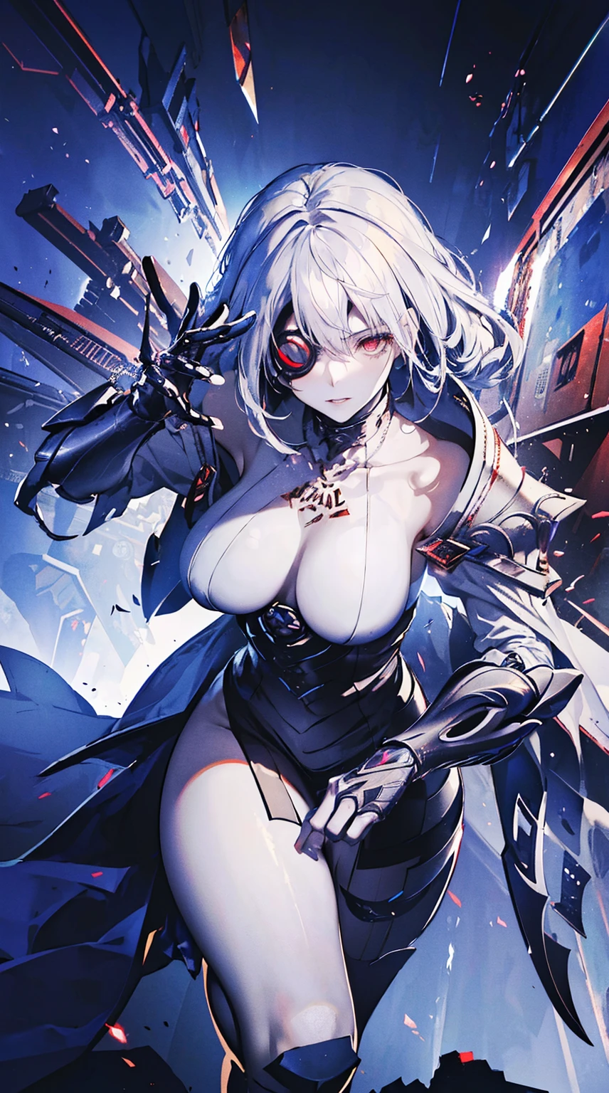 1girl, (gray hair),(red eyes), ((single braid)),(detailed eyes,eye patch), (detailed lips), (intense expression), (exquisite face), (mechanical, futuristic armor), (summoning a giant sword), (in a dark temple), (majestic atmosphere), (masterpiece:1.2), (ultra-detailed), (realistic:1.37), (studio lighting), (vivid colors), (sharp focus), (mechanical aesthetic), (sci-fi), (dark tones), (mysterious lighting), (high contrast), (dramatic shadows), (metallic textures), (elegant pose), (intricate detailing), (mesmerizing composition), (dynamic perspective), (powerful stance), (futuristic design), (impressive craftsmanship), (baroque elements), (solemn ambiance), (grandiose setting), (mystical ambiance), (imposing atmosphere), (ethereal aura), (captivating presence),(golden accents)