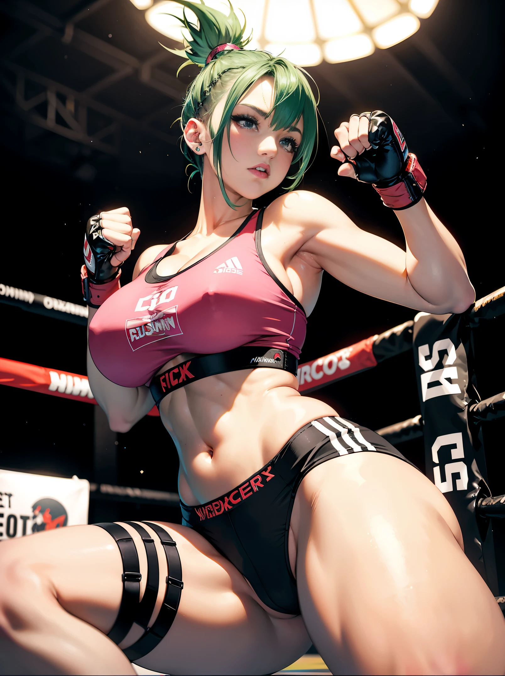 PERFECT MASTERPIECE, EXTREMELY DETAILED CG UNITY 32K UHD QUALITY RESOLUTION WALLPAPER, PHOTOREALISTIC, RAW PHOTO, PERFECT PHOTOGENIC CLARITY, OFFICIAL ART, AWARD-WINNING PORTRAIT, ULTRA HYPER-REALISTIC, ULTRA HYPER-DETAILED, SHINY REALISTIC SKIN, ADVANCED RAY TRACING, CINEMATIC LIGHTING, PERFECT COMPOSITION, The most beautiful and sexy MMA fighter girl, short neon green hair in a shaved mohawk hairstyle, vibrant moonlight eyes, long detailed eyelashes, blushing, full pouting pink, small cut and bruise on her face, curvy body type, full hips, super huge enormously gigantic tits, cleavage showing, gigantic tits bursting out of her outfit, tons of tattoos and piercings, (wearing detailed athletic sports bra athletic shorts and MMA fighting gloves:1.3), arching her back in a sexy seductive slutty pose, looking at the viewer, close up pov camera view from below, sexy seductive slutty facial expression, MMA cage match arena background