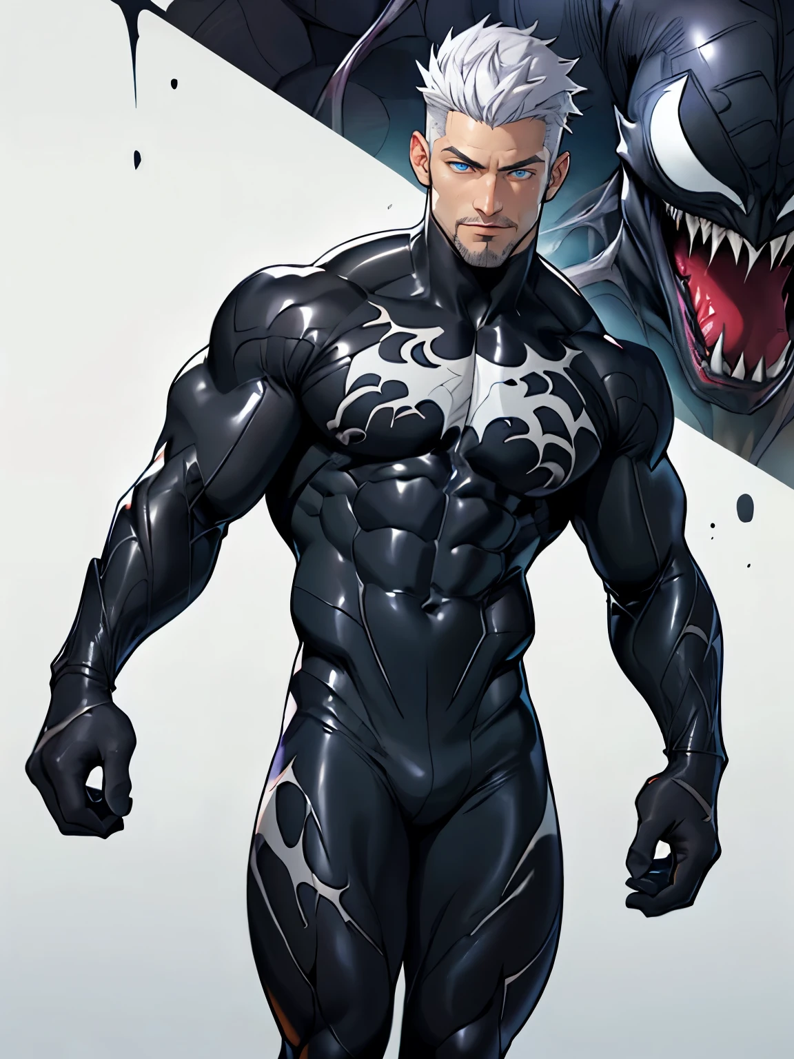 young muscular male, masterpiece, intricate details, upper body, best quality, eye focus, silver hair, manly, stubble, venom, symbiote costume,(emiya_shiro:1.2),dark skin, 1boy, (symbiote full bodysuit:1.1), eye focus, face, detailed eyes, symbiote skin tight, blue eyes, full body,