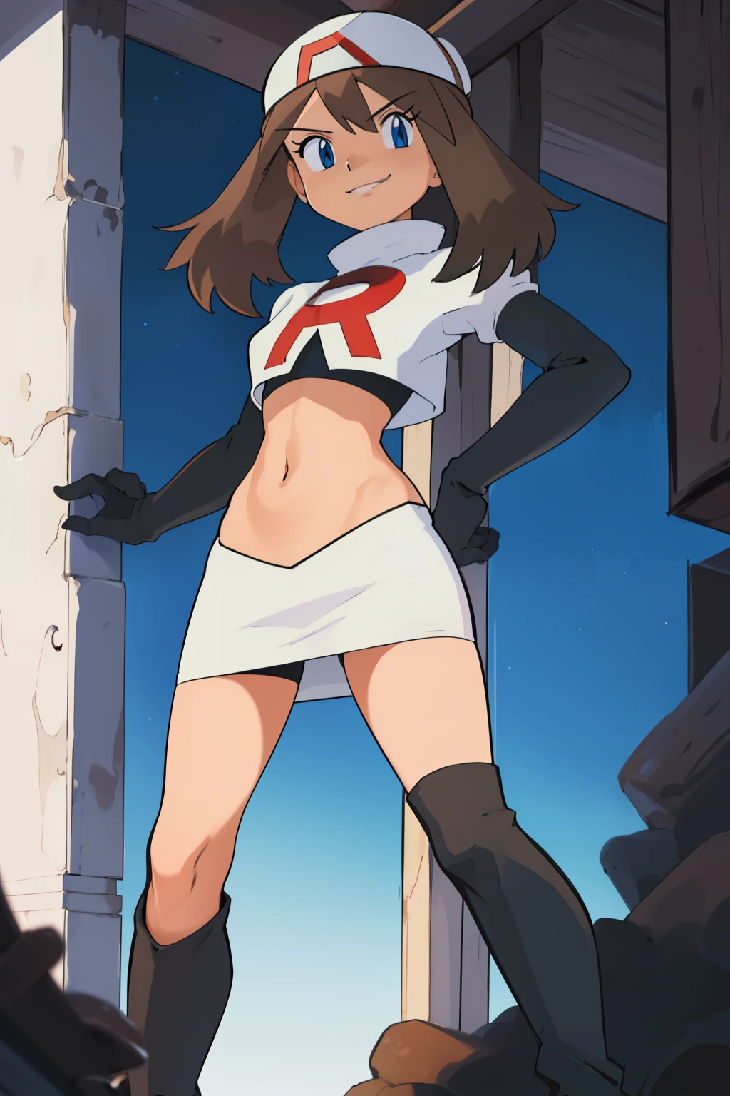 masterpiece, best quality, highres, outdoors, 1girl, solo, may (pokemon),  glossy lips ,team rocket uniform, red letter R, white skirt,white crop top,black thigh-high boots, black elbow gloves, evil smile, looking at viewer, cowboy shot, arms crossed, standing on a air force jet plane