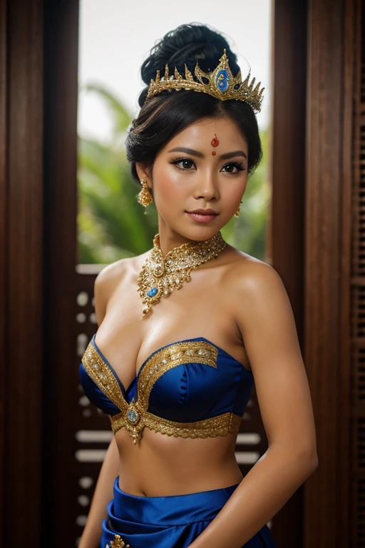 balinese queen, in the throne, magical, blue balinese traditional dress, brown skin, black eyes, temple background, high res, ultrasharp, 8K, masterpiece