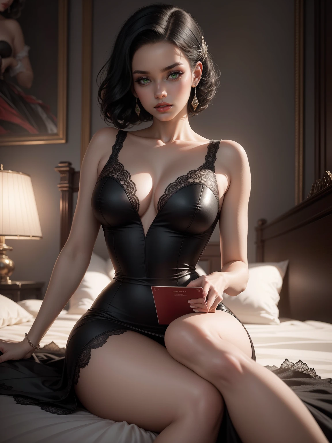 {-erro_de_anatomia:1.0}(Masterpiece - Ultra-Detailed, High Resolution) Prepare to be enchanted by a true masterpiece that combines ultra-detailed art with high-resolution rendering. This work shows a mesmerizing woman, with short black hair, 1950s style,(1.3) and captivating green eyes (1.2), New York illustration style, wearing red lipstick, emanating an aura of elegance and mystery. Wearing classic 1950s clothes. Sexiest. Intricate details and realistic textures invite you to explore every aspect of this enchanting composition. Transparent black dress. Lying in bed. . Get ready to dive into a world where beauty and craftsmanship merge perfectly.