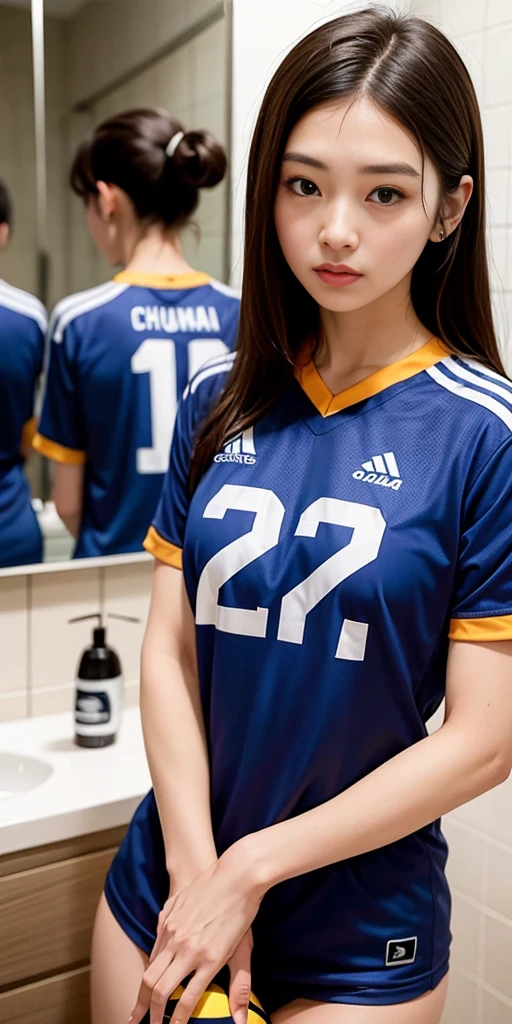 there is a woman standing in a bathroom with a blue shirt, wearing a volleyball jersey, wearing basketball jersey, taejune kim, seseon yoon, shin min jeong, jinyoung shin, heonhwa choe, kim hyun joo, jaeyeon nam, kimi takemura, ulzzang, ji-min, jiyun chae, eiko ishioka