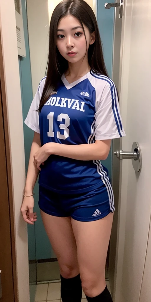 there is a woman standing in a bathroom with a blue shirt, wearing a volleyball jersey, wearing basketball jersey, taejune kim, seseon yoon, shin min jeong, jinyoung shin, heonhwa choe, kim hyun joo, jaeyeon nam, kimi takemura, ulzzang, ji-min, jiyun chae, eiko ishioka