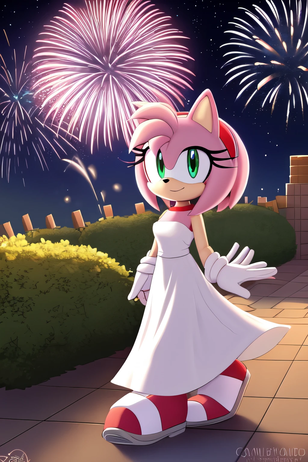 Amy Rose, ???? Shoulders, Beautiful, White Dress, Long Dress, Garden, Night, Stars, Looking at Viewer, walking, 2D illustration, New Year’s Eve, fireworks
