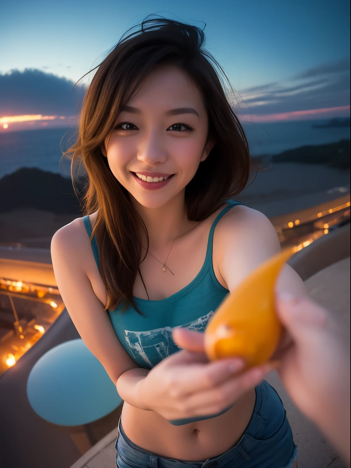 1 punk girl, fish eye, Self-shot, Wind, hair messy, Sunset, Cityscape, (Aesthetics and atmosphere:1.2),Smiling、Hyper-realistic