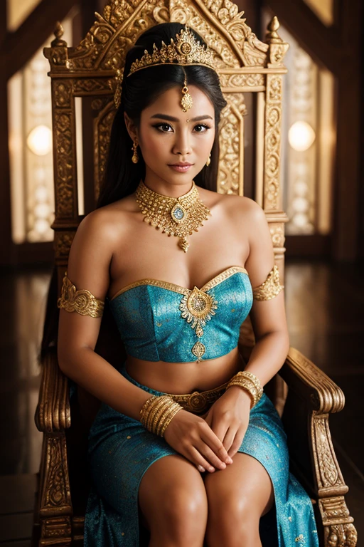 balinese godess, in the throne, magical, blue balinese traditional dress, brown skin, black eyes, temple background, high res, ultrasharp, 8K, masterpiece