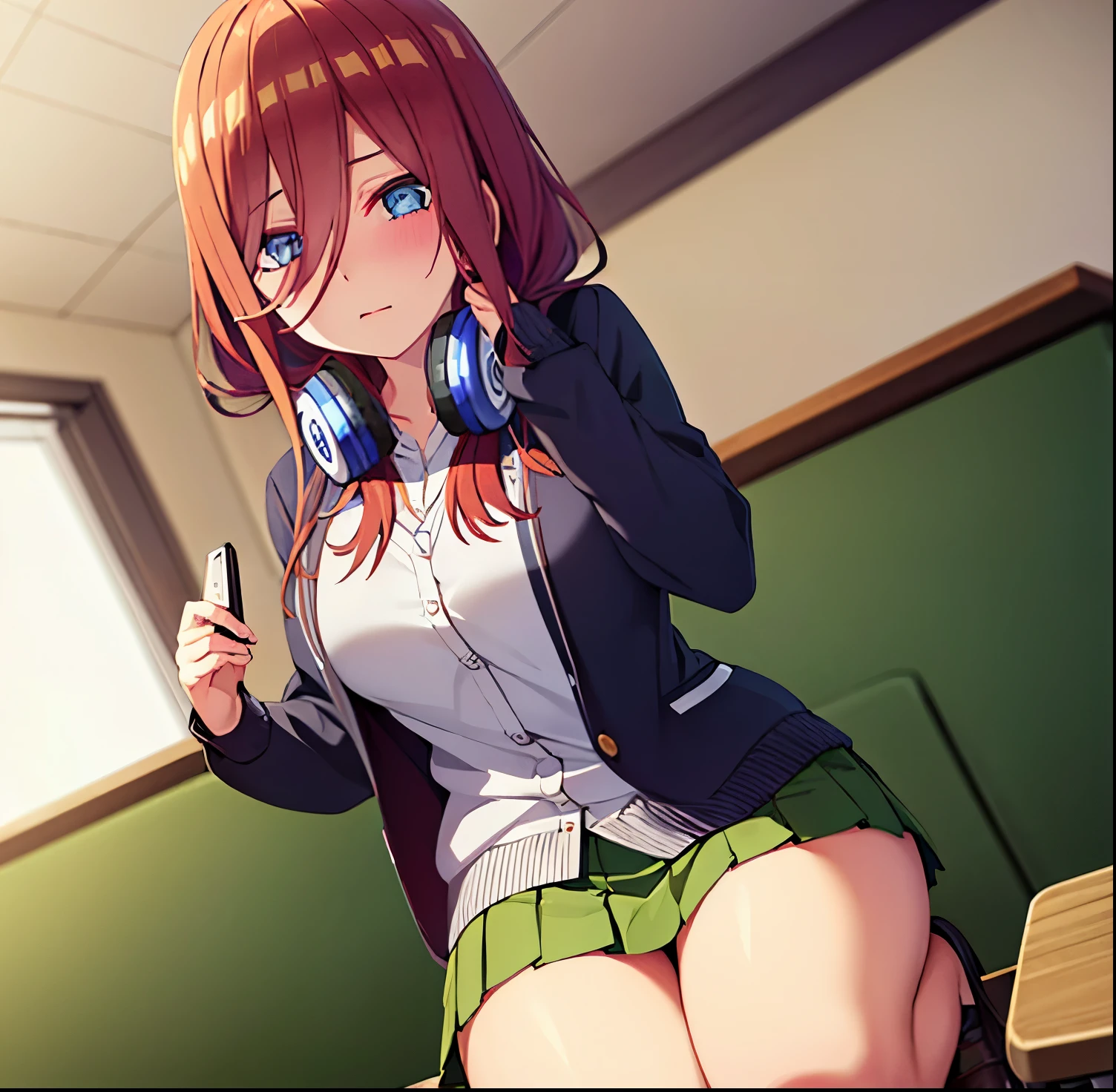 {{{masterpiece}}}, {{{best quality}}}, {{ultra-detailed}}, {illustration}, {{an extremely delicate and beautiful}}, 8k, BREAK, Nakano Miku(Gotoubun no Hanayome), long hair, bangs, blue eyes, brown hair, shirt, hair between eyes, headphones, cardigan, headphones around neck, , skirt, shirt, long sleeves, white shirt, pantyhose, pleated skirt, black pantyhose, cardigan, green skirt, blue cardigan, black jacket, open jacket, thighs, zettai ryouiki, BREAK, NSFW, anime girl nude and in bed spreading her pussy lips wide, 1girl, solo, (spread pussy wide:1.1),(pussy focus:1.3), (bare pussy:1.3), (Vaginal hole:1.1),(urethra:1.1),(kuppa:1.1), open vagina, spread vagina by both hands, crotch grab, nail, looking at viewer, spread legs, {{open vagina, spread pussy, pussy, clitoris glans, urethra, vaginal opening, labia minora, uterus, smooth pussy}}, taking off clothes, open clothes, Open shirt, open jacket, breasts, nipples, lift up skirt, blush,open mouth,embarrassed,naughty expression, raise your legs, M-shaped spread your legs, on the bed, uncensored