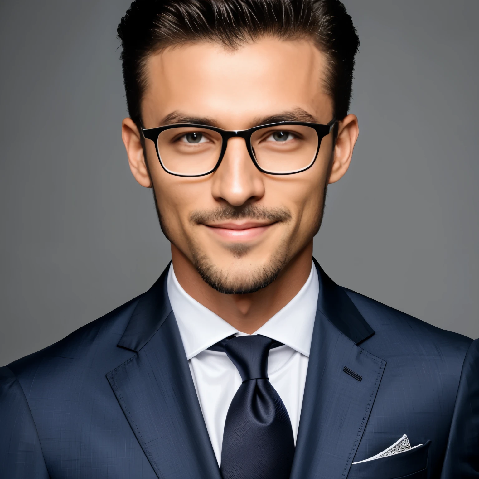 charlzcjm, headshot, (jacked charlzcjm, bright hazel brown eyes), (curly low fade haircut:1.14), (sunburned skin, 5 o'clock shadow) ((smirking, buff)), detailed face, detailed iris, full lips, ((cute, wearing a modern luxury dark navy blue suit, pocket handkerchief, buff, wavy low fade haircut)), ((grey background, symmetrical facial features)), intricate details, studio lighting, 80mm, portrait, shallow depth of field, CEO, smirking, happy, wearing glasses, thin lips