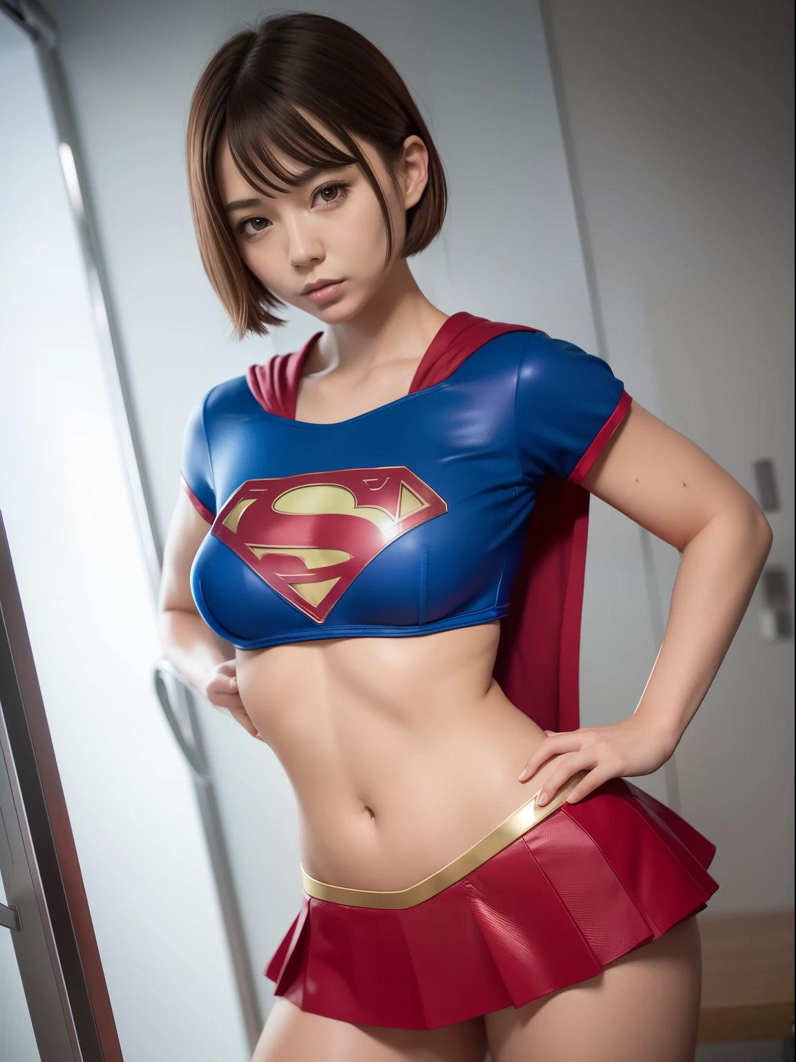 ​masterpiece、Short-haired Supergirl、Intensive care unit、Operating table、Ultra mini skirt、bare-legged、Looking at the camera、Glossy costume、up chest、Large breasts、put hands on the hip