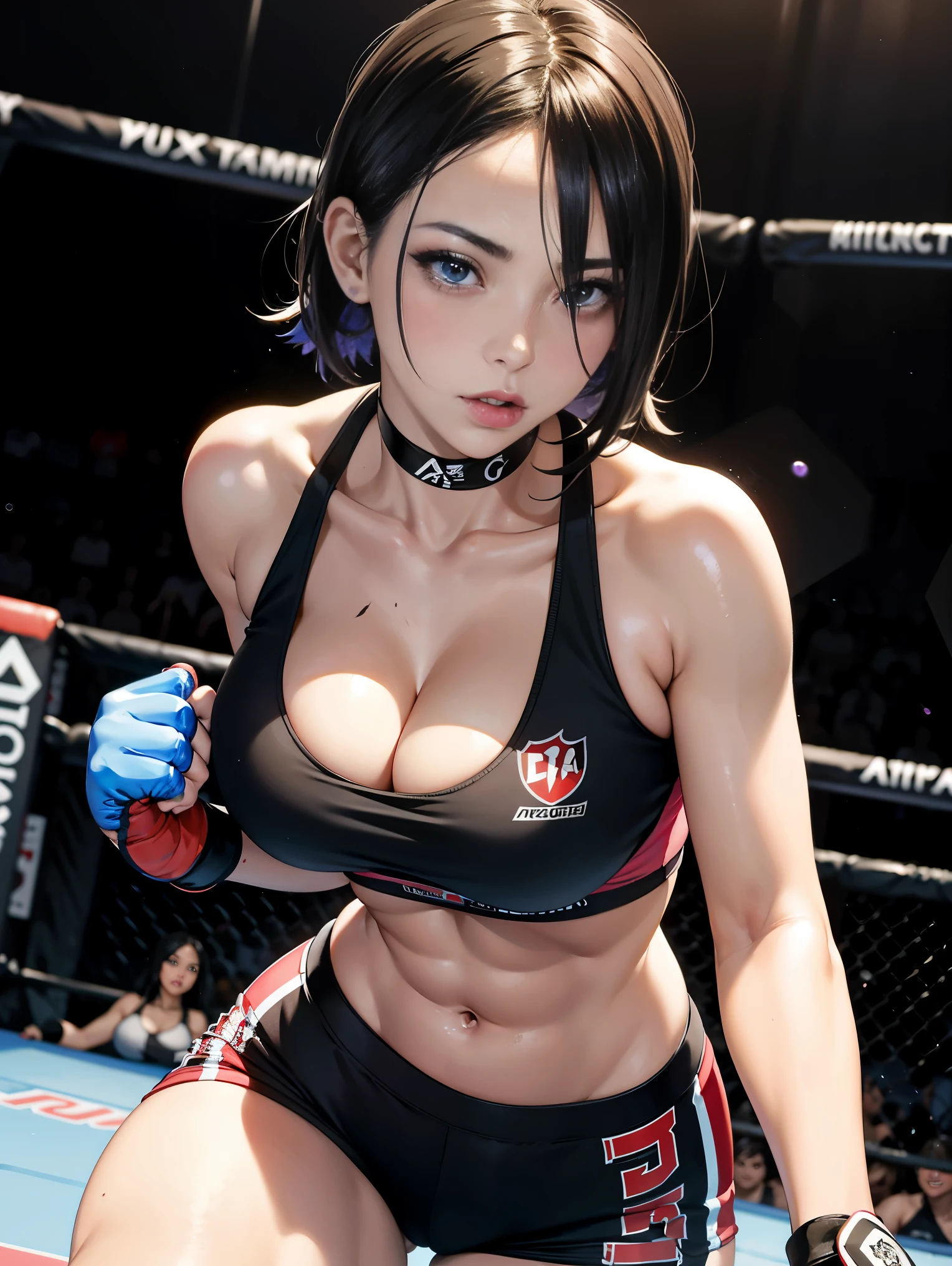 PERFECT MASTERPIECE, EXTREMELY DETAILED CG UNITY 32K UHD QUALITY RESOLUTION WALLPAPER, PHOTOREALISTIC, RAW PHOTO, PERFECT PHOTOGENIC CLARITY, OFFICIAL ART, AWARD-WINNING PORTRAIT, ULTRA HYPER-REALISTIC, ULTRA HYPER-DETAILED, SHINY REALISTIC SKIN, ADVANCED RAY TRACING, CINEMATIC LIGHTING, PERFECT COMPOSITION, The most beautiful and sexy MMA fighter girl, short black hair in a shaved mohawk hairstyle, vibrant moonlight eyes, long detailed eyelashes, blushing, full pouting pink, small cut and bruise on her face, curvy body type, full hips, super huge enormously gigantic tits, cleavage showing, gigantic tits bursting out of her outfit, tons of tattoos and piercings, (wearing detailed athletic sports bra athletic shorts and MMA fighting gloves:1.3), arching her back in a sexy seductive slutty pose, looking at the viewer, close up pov camera view from below, sexy seductive slutty facial expression, MMA cage match arena background