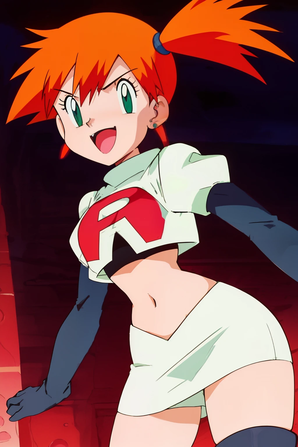 misty (pokemon), green eyes ,1girl, solo, side ponytail, orange hair, glossy lips, earrings ,team rocket uniform, red letter R, white skirt,white crop top,black thigh-high boots, black elbow gloves, evil smile, open mouth ,looking at viewer, cowboy shot, team rocket building in the background