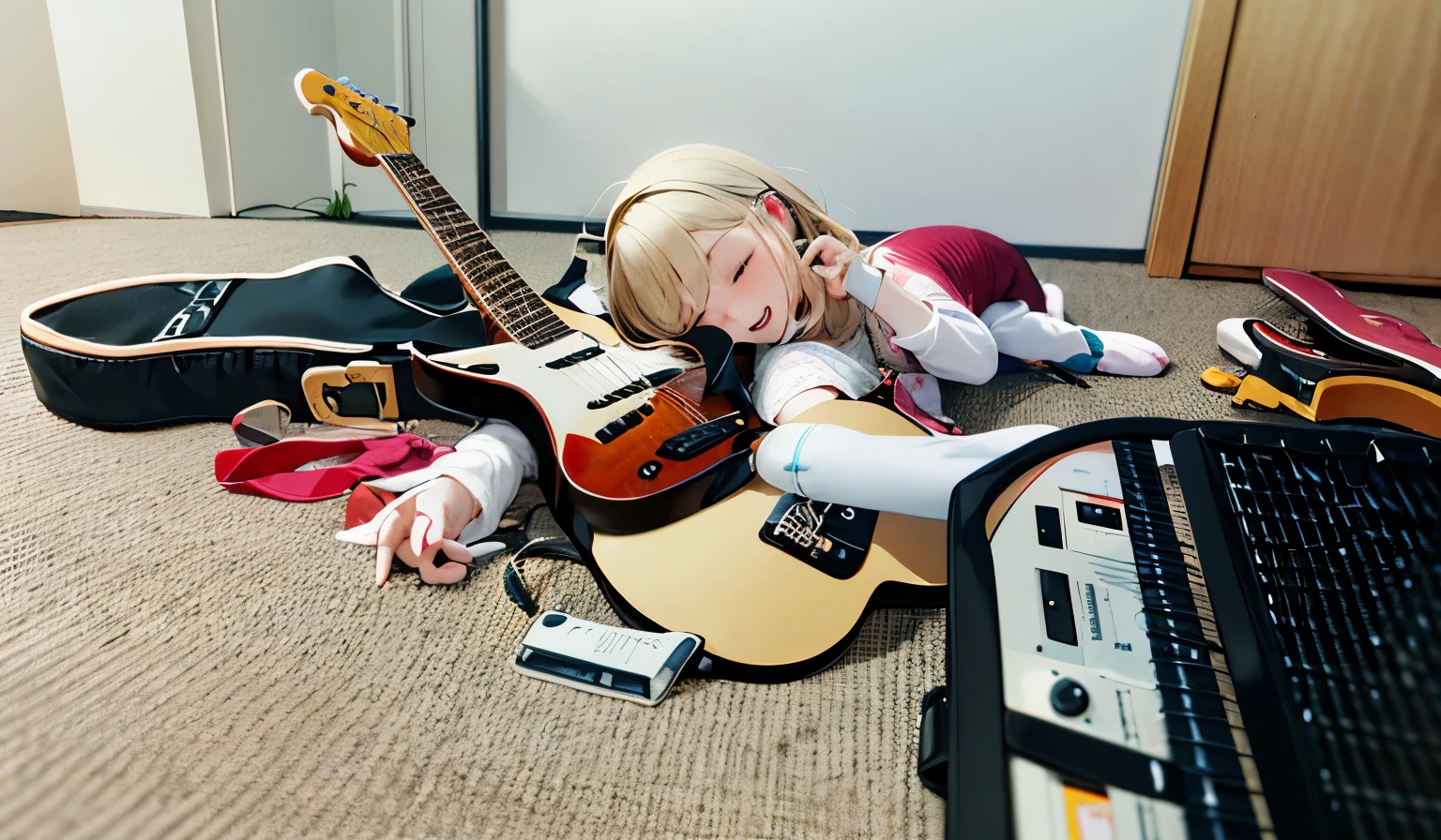 There is a doll lying on the floor with a guitar, rocking out, Jam to music, エレキPlaying guitar, Happy!!!, guitar solo, Playing the guitar, dollfie dream, Playing guitars, taken with canon 8 0 d, [ photos realistic ]!!, Playing guitar, taken with a canon eos 5 d, guitarrist, the girl plays the guitar