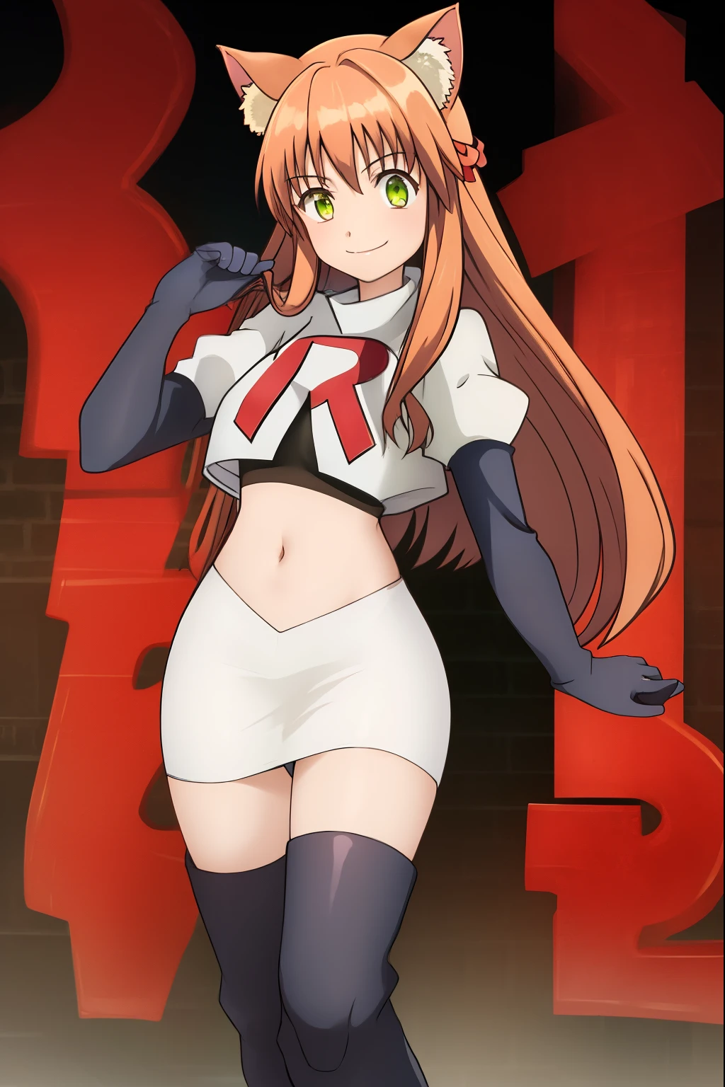 kanade, anime art style, 1girl, solo, long_hair, breasts, looking_at_viewer, smile, bangs, brown_hair, ribbon, animal_ears, very_long_hair, closed_mouth, green_eyes, hair_ribbon, cat_ears, red_ribbon, animal_ear_fluff, team rocket, team rocket uniform, red letter R, white skirt, white crop top, black thigh-high boots, black elbow gloves,