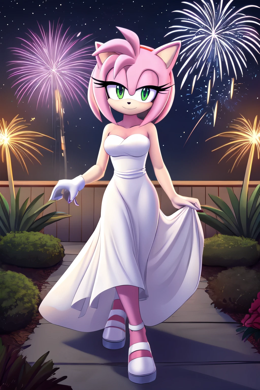 Amy Rose, Bare Shoulders, Medium Breast, Beautiful, White Dress, Long Dress, Garden, Night, Stars, Looking at Viewer, walking, 2D illustration, New Year’s Eve, fireworks
