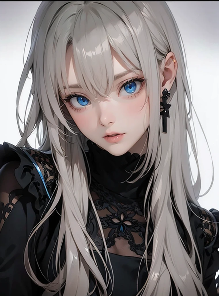 wicked、Wear naughty clothes、Blue Eyes 、Wear a black aura、Staring at the audience、best photo、Masute Piece、Cross earrings、Pretty woman、sexy outfit、