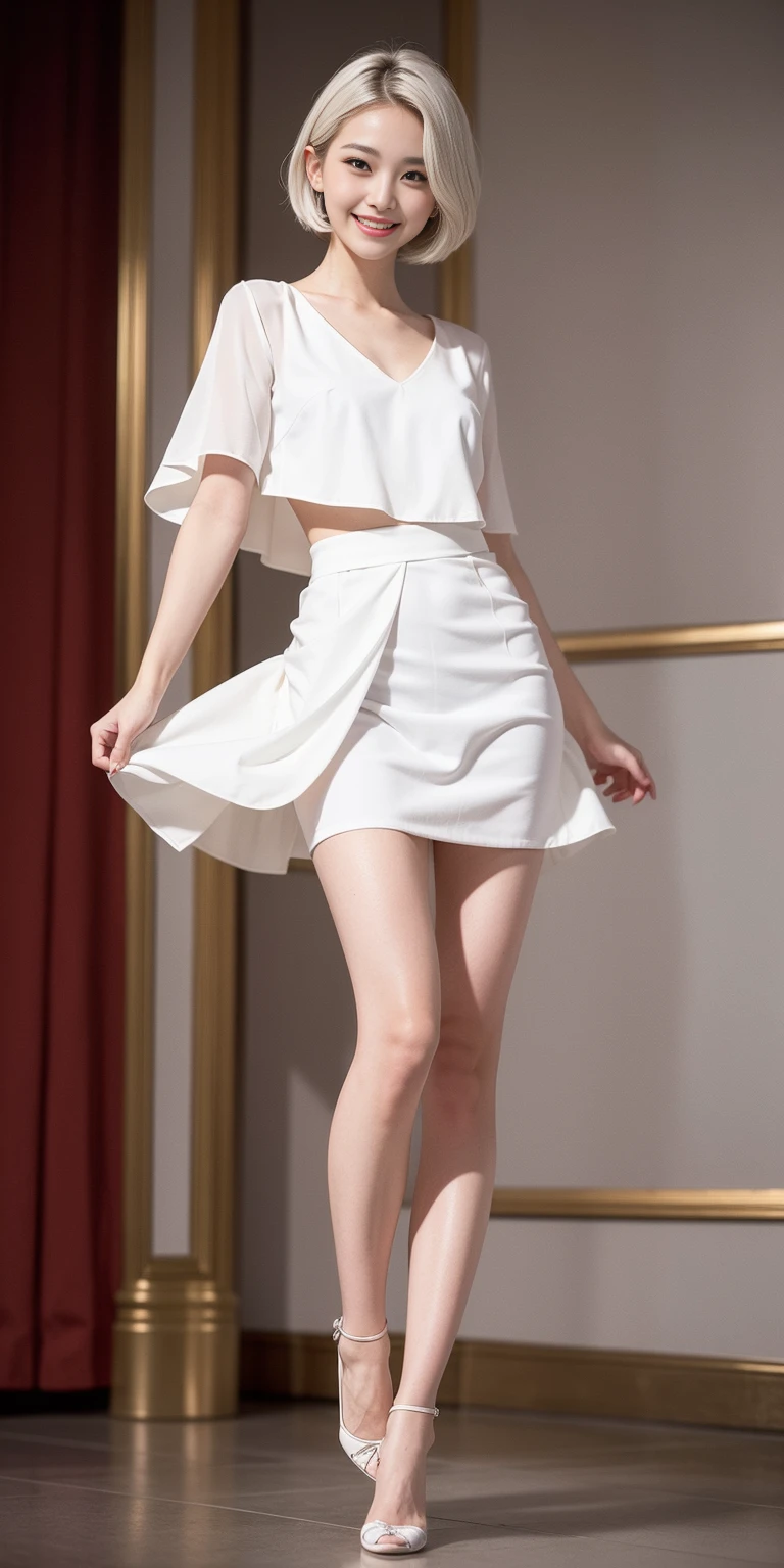 full-body close-up, create an elegant atmosphere), white short skirt, white hair shawl, graceful flowing, elegant movements, lustful smirking smile expression (red blush), floating in the air, (1girl), slim figure)