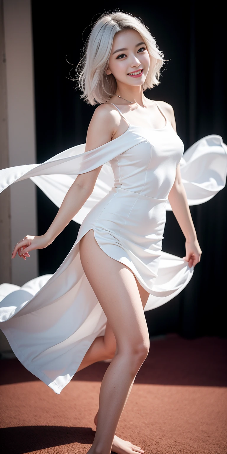 full-body close-up, create an elegant atmosphere), white short skirt, white hair shawl, graceful flowing, elegant movements, lustful smirking smile expression (red blush), floating in the air, (1girl), slim figure)