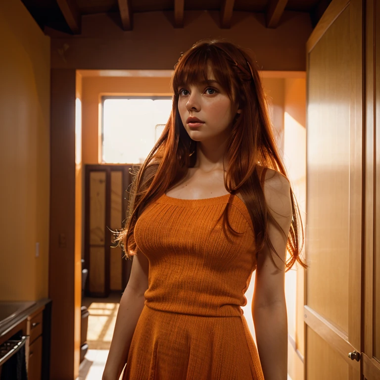 1girl, whole body, red hair, long hair, hair ribbon, bangs, orange eyes, parted lips, indoors, upper body, SHORT dress knitted transparent in the backlight,shot from below