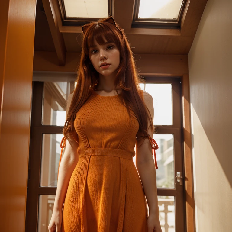 1girl, whole body, red hair, long hair, hair ribbon, bangs, orange eyes, parted lips, indoors, upper body, SHORT dress knitted transparent in the backlight,shot from below