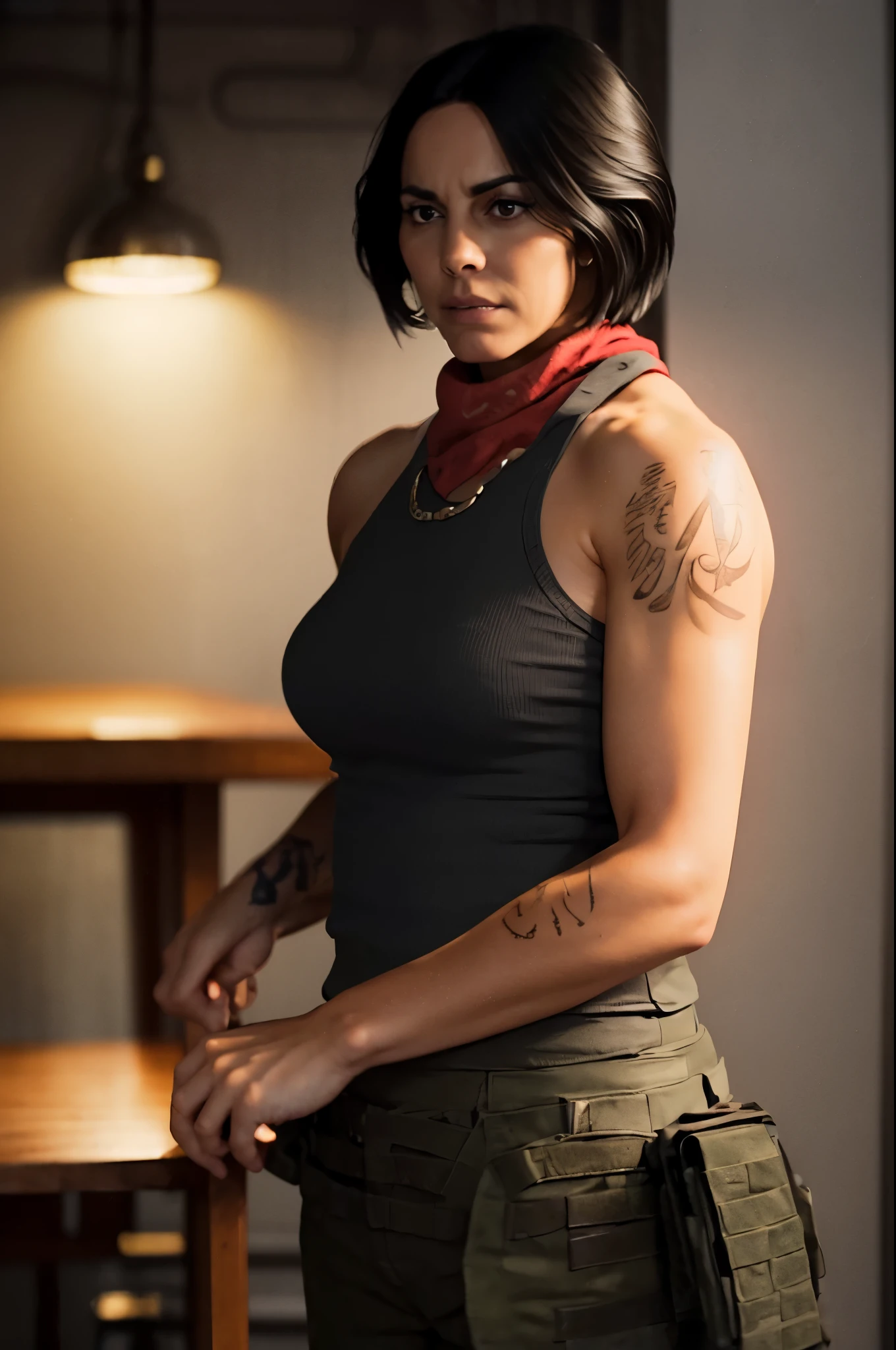 Maria Elisa Camargo, Latina with tan skin, short black hair in a bob, intimidating face, sharp eyes, grey tank top, tatted arms and muscled biceps, athletic, forty-year-old woman, small nose, khaki pants, red bandana on arm, interrogation, dark military background, eerie atmosphere, red lighting, dark atmosphere, leaning over table, hands on table, red overhead lighting, masculine