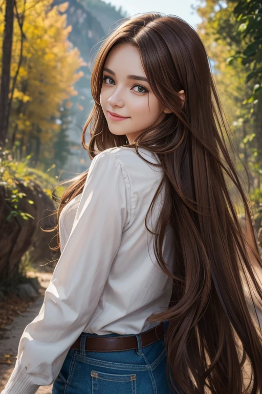 ((best quality))) (((HD))) (((8k))) (character) 20-year-old girl, ((adventurous)), ((beautiful)) and ((happy)), ((brown hair)) and ((long hair)).