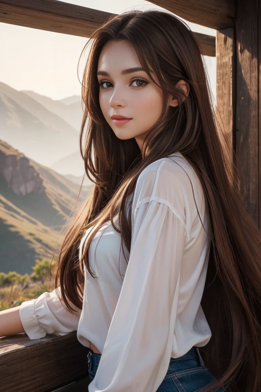 ((best quality))) (((HD))) (((8k))) (character) 20-year-old girl, ((adventurous)), ((beautiful)) and ((happy)), ((brown hair)) and ((long hair)).