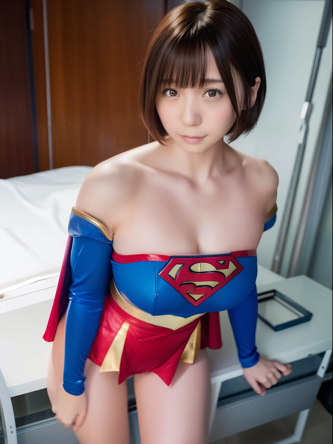 ​masterpiece,Supergirl Costume, short-hair, bare-legged, large full breasts,surgery room、Operating table、straddle、depraved、shiny、Looking at the camera、seduces