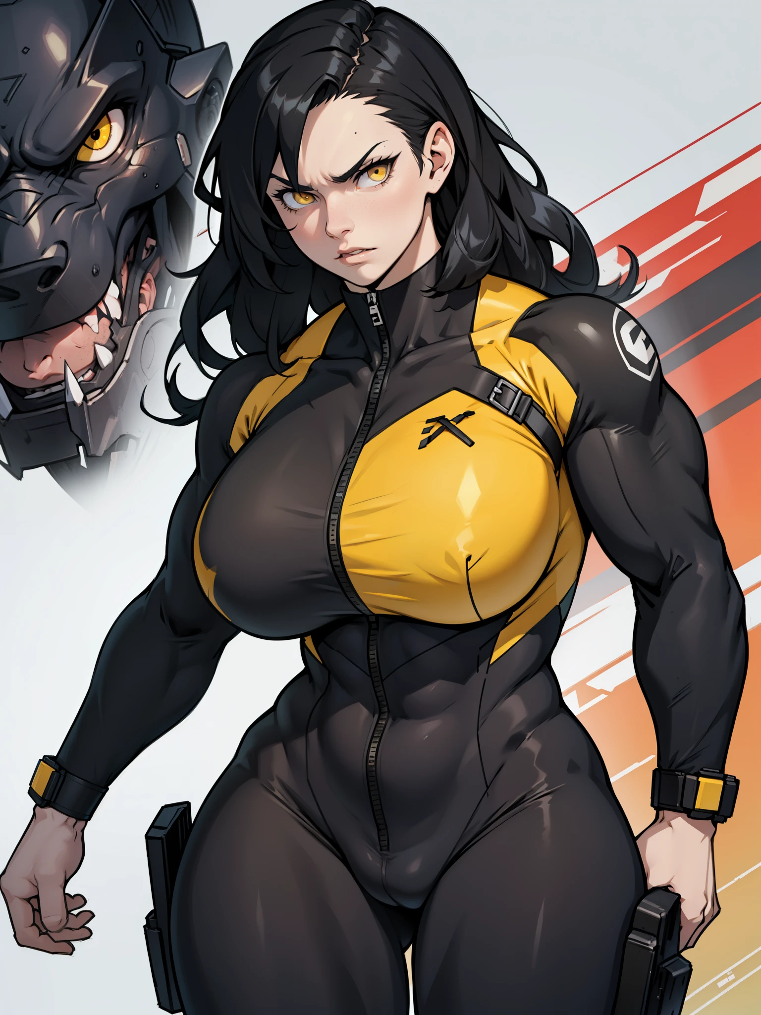 best quality best quality best quality black hair yellow eyes pale skin muscular huge greasts thick thighs angry solo extremely long hair girl body suit highly detailed highly detailed thick thick