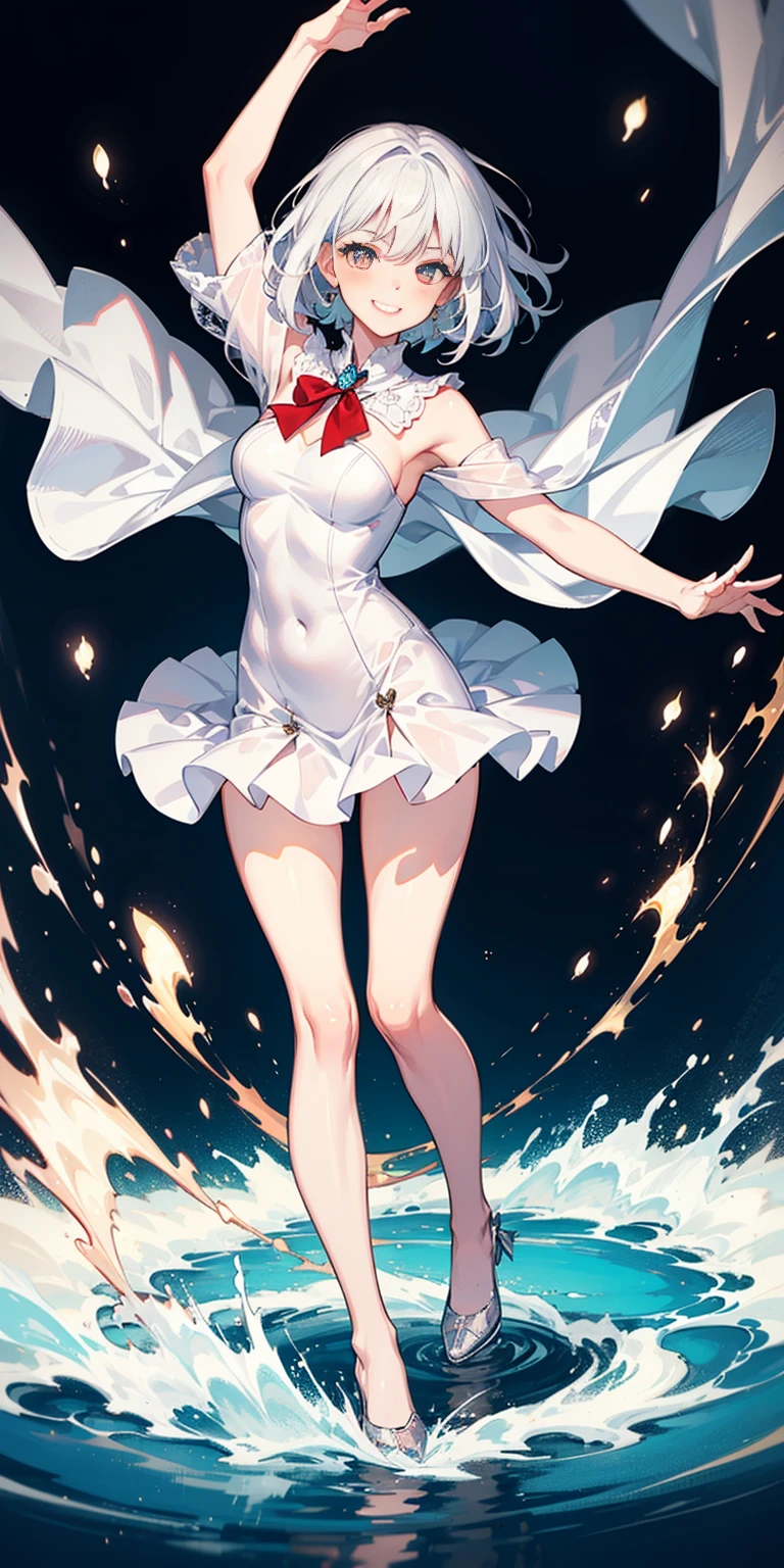 full-body close-up, create an elegant atmosphere), white short skirt, white hair shawl, graceful flowing, elegant movements, lustful smirking smile expression (red blush), floating in the air, (1girl), slim figure)