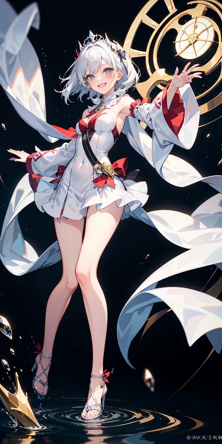 full-body close-up, create an elegant atmosphere), white short skirt, white hair shawl, graceful flowing, elegant movements, lustful smirking smile expression (red blush), floating in the air, (1girl), slim figure)