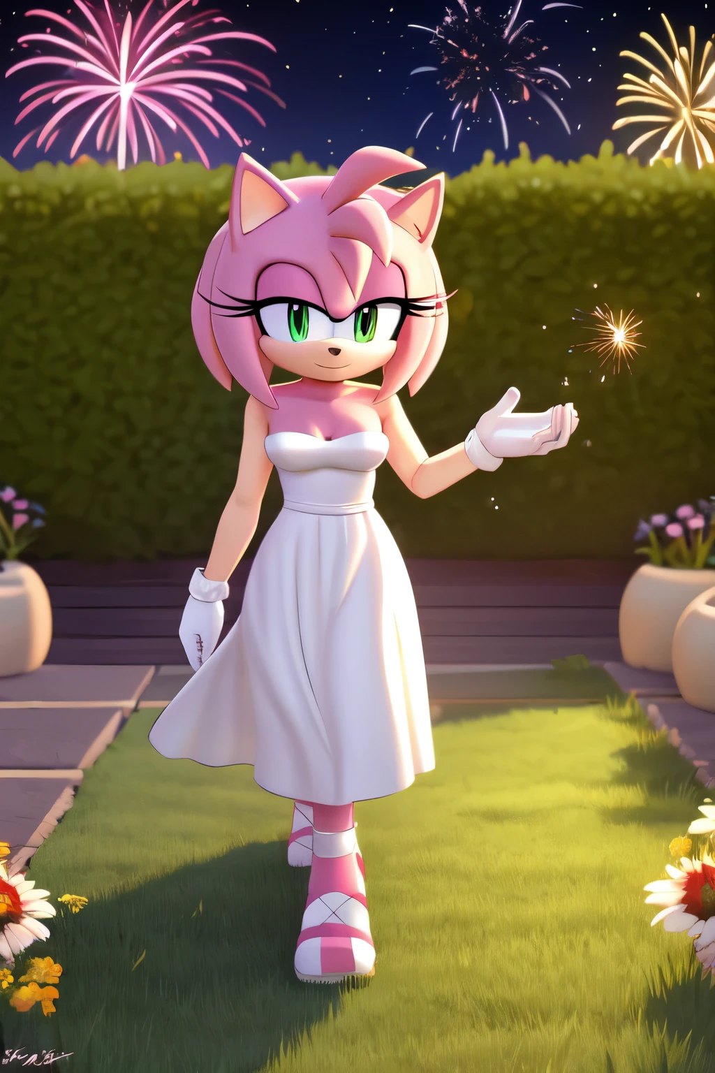 Amy Rose, Bare Shoulders, Medium Breast, Beautiful, White Dress, Long Dress, Garden, Night, Stars, Looking at Viewer, walking, 2D illustration, New Year’s Eve, fireworks
