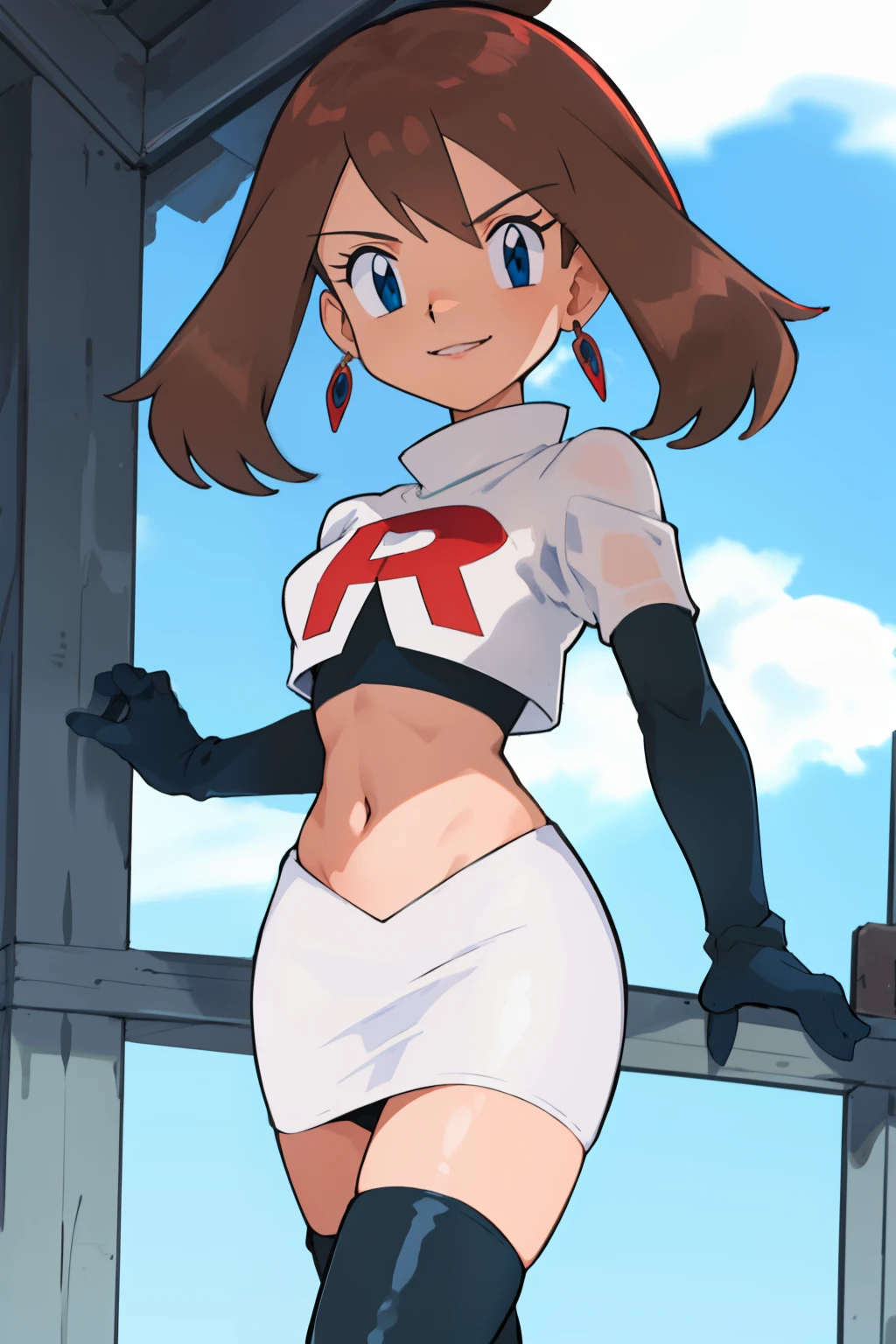 masterpiece, best quality, highres, outdoors, 1girl, solo, may (pokemon),  glossy lips, earrings ,team rocket uniform, red letter R, white skirt,white crop top,black thigh-high boots, black elbow gloves, evil smile, looking at viewer, cowboy shot