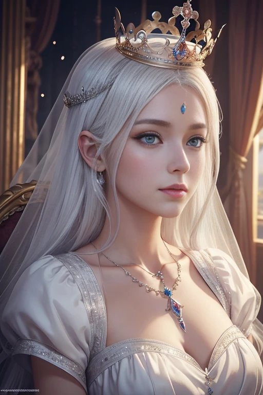 There is a woman in a white dress with a crown on her head, a beautiful fantasy queen, ((beautiful fantasy queen)), a portrait of a princess, a work of art in the Guvez style. 5D CGI anime fantasy artwork, 8K high quality detail art